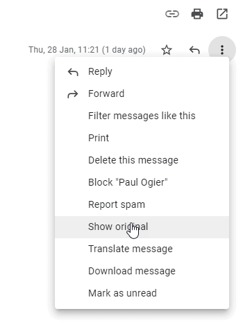 Gmail Show Original menu
